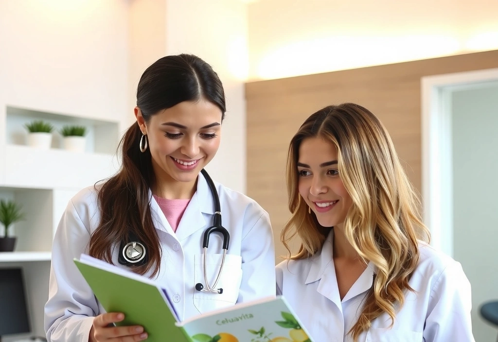 O doctoriță zâmbitoare care explică beneficiile produselor Calulavitacv unei cliente