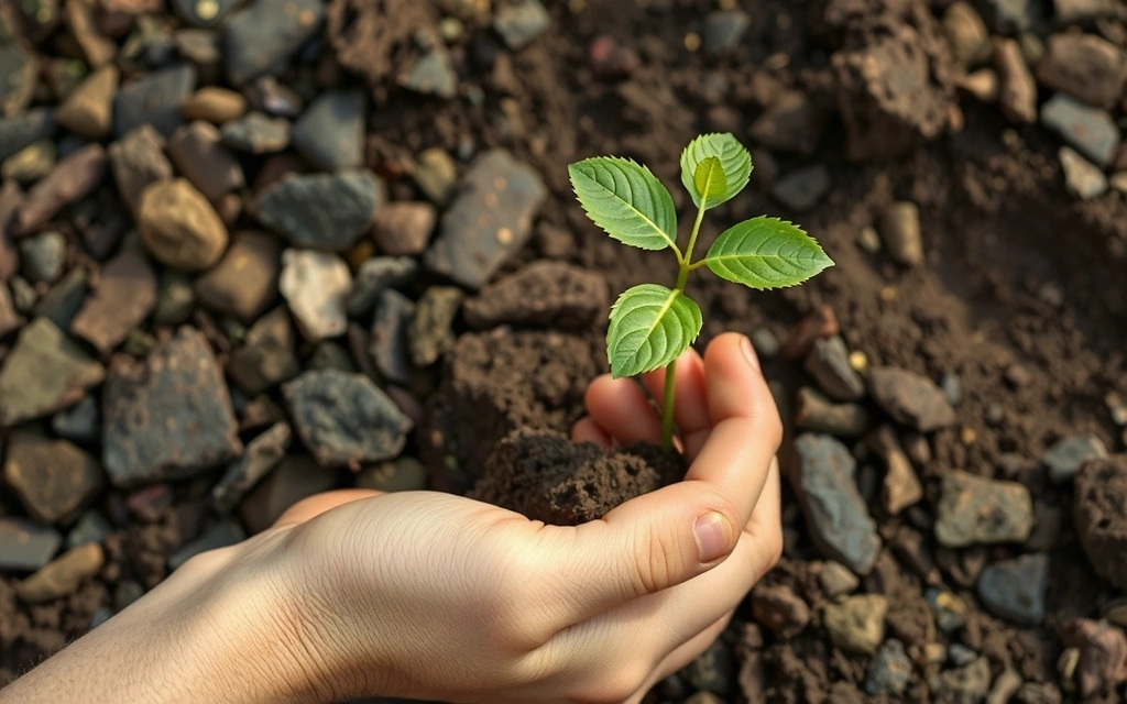 Imagine cu o mână plantând un copac, simbolizând sustenabilitatea și angajamentul față de mediu